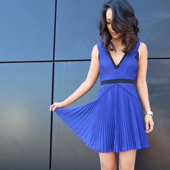 bcbgmaxazria pleated dress BCBGMaxAzria Pleated Dress V-Neck Lined Formal Special Occasion Office Wear XS